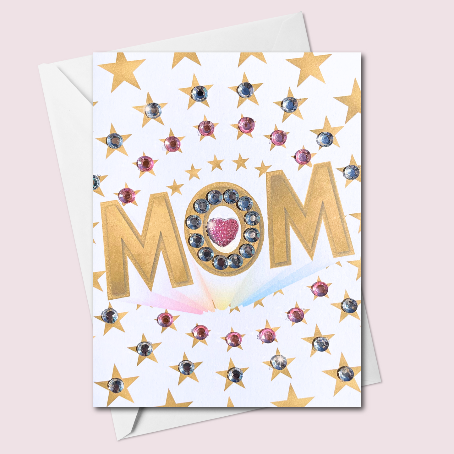 Jeweled Mother’s Day Greeting Card – “MOM” Gold Star Design | Blank Inside | Handmade