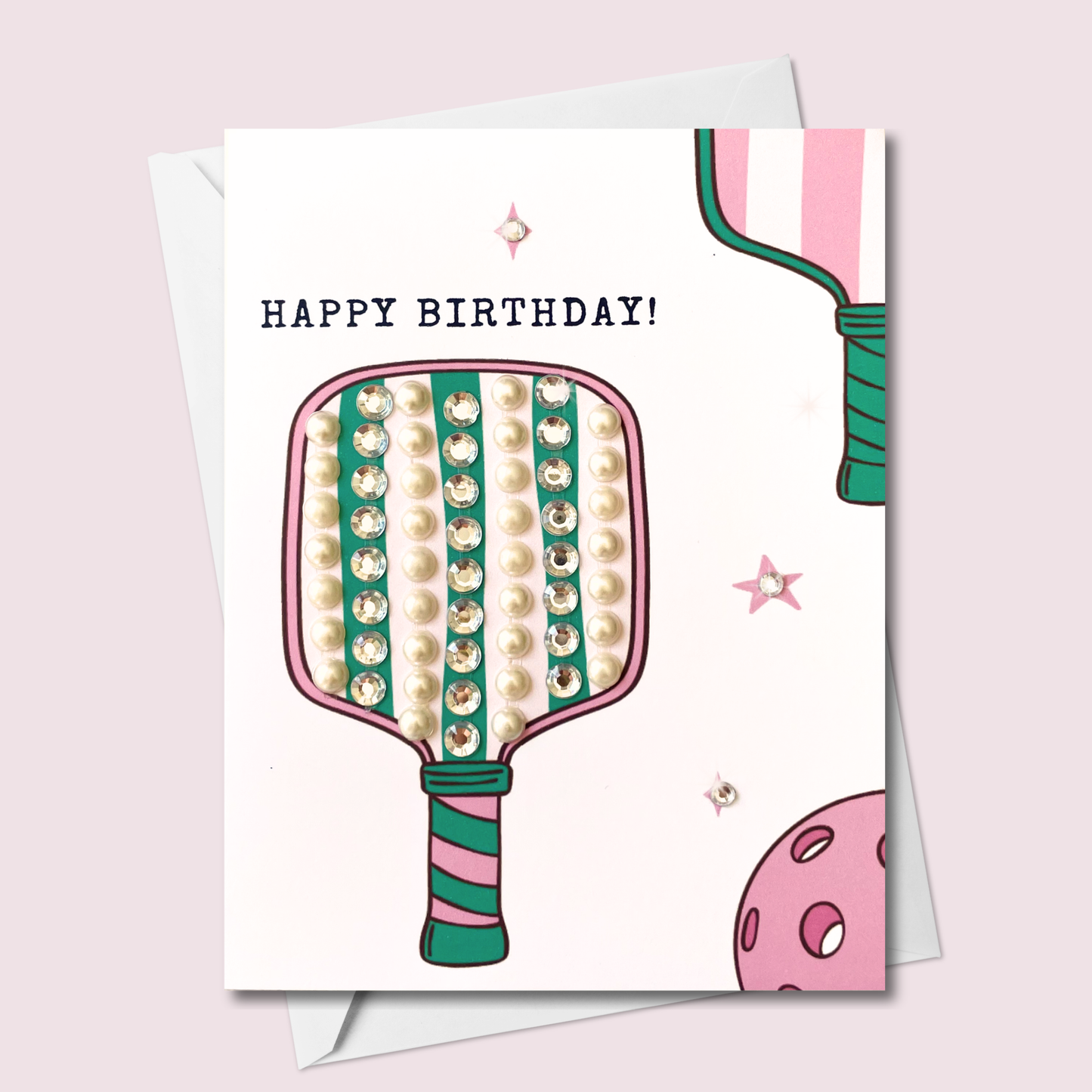 Happy Birthday Pickleball Paddle Greeting Card – Pink & Teal with Pearls & Crystal Gems | Blank Inside | Handmade in Canada