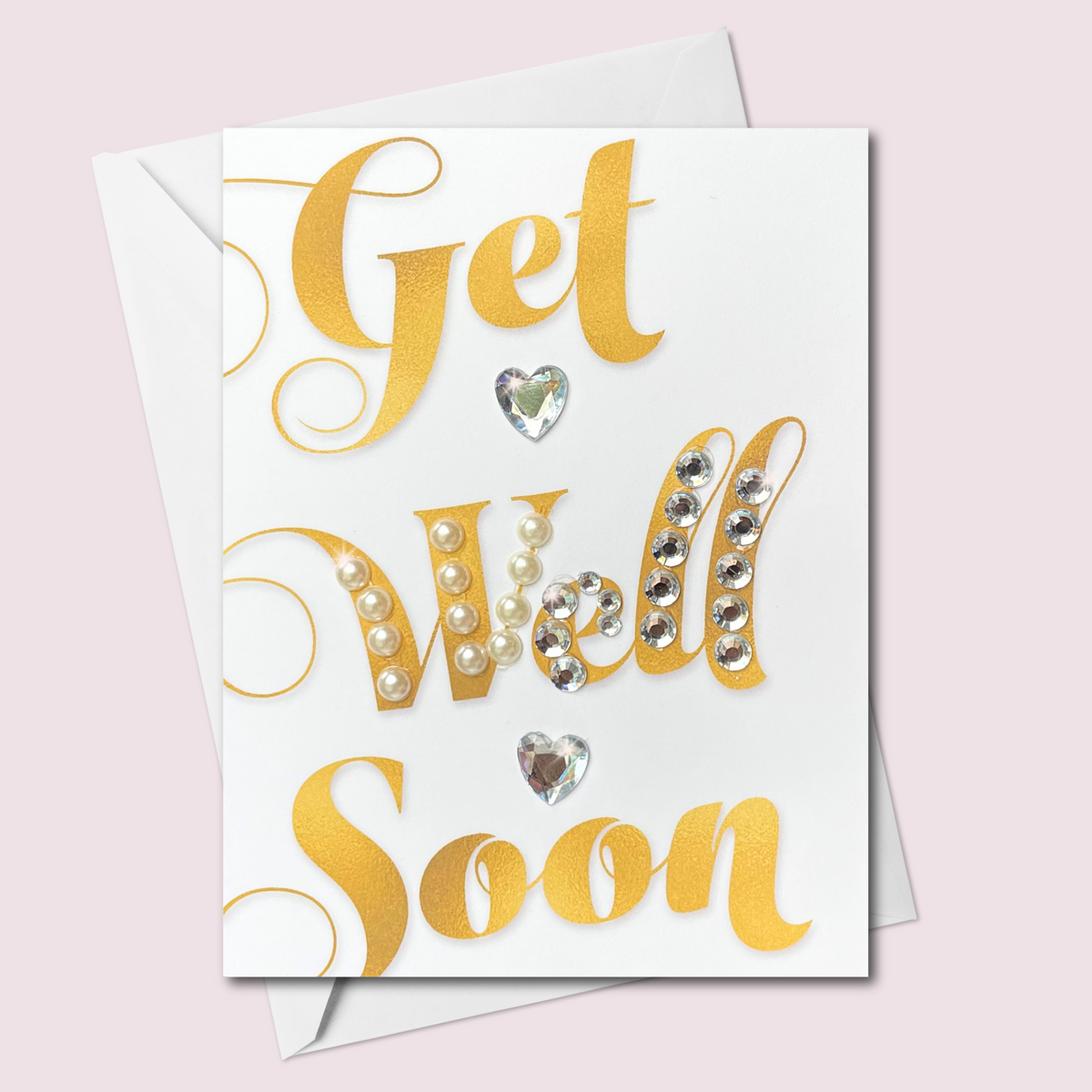 Get Well Soon Card – Elegant Gold Print with Pearls and Rhinestones