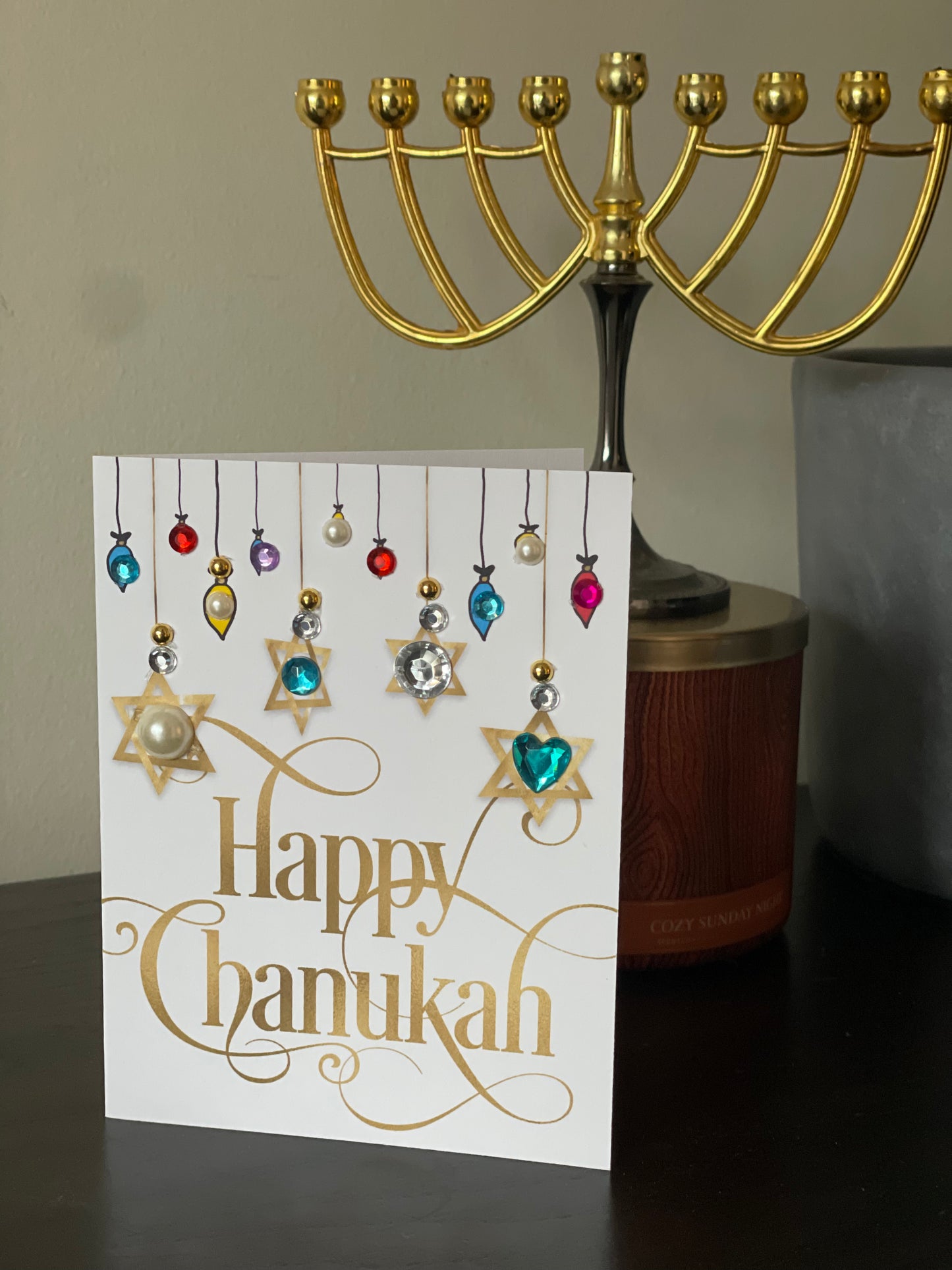 Happy Chanukah Card with Ornament Lights