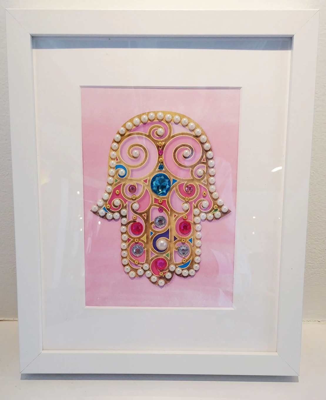 Pink Hamsa Wall Art 8” x 10” | Framed Hand-Embellished Judaica Decor | Feminine Jewish Home Gift | Ready to Hang
