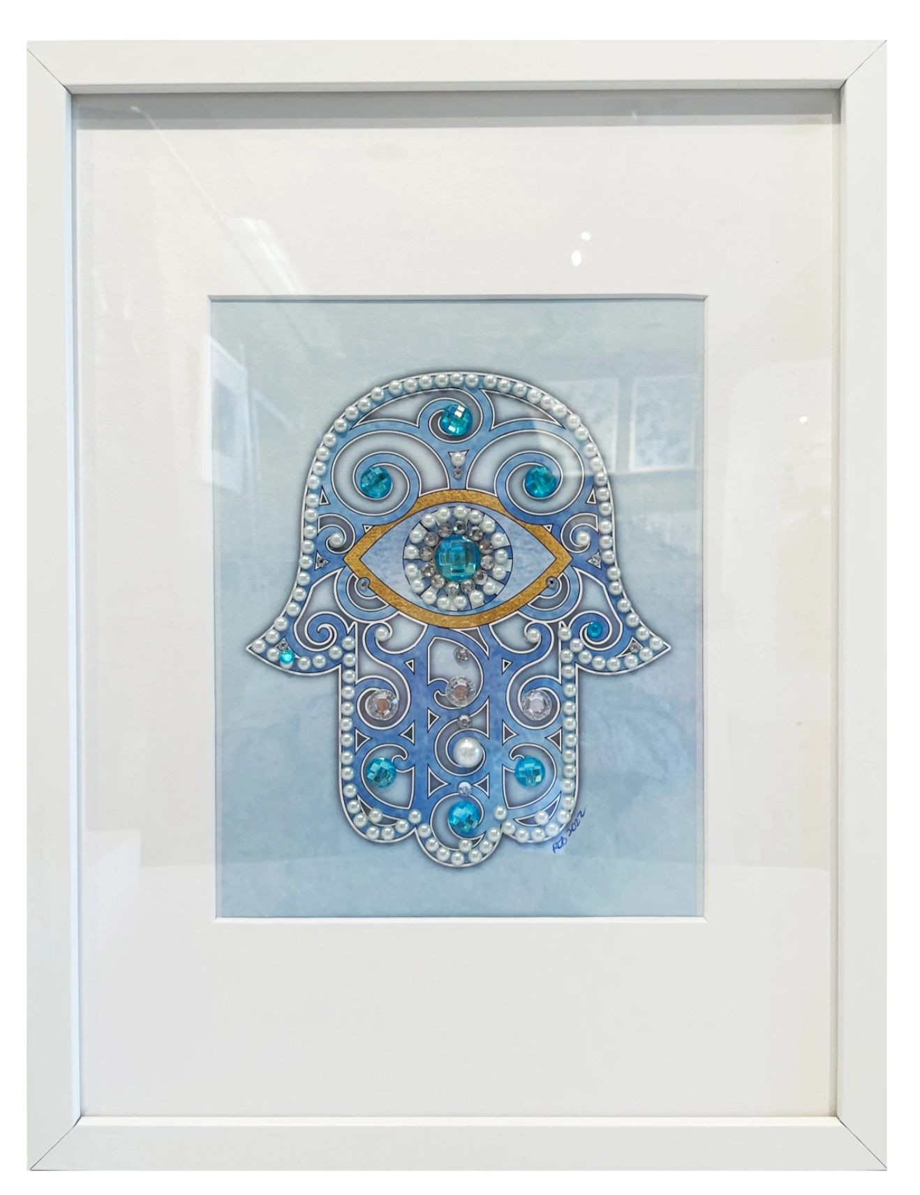 Blue with Gold eye hamsa large 8x10 frame white