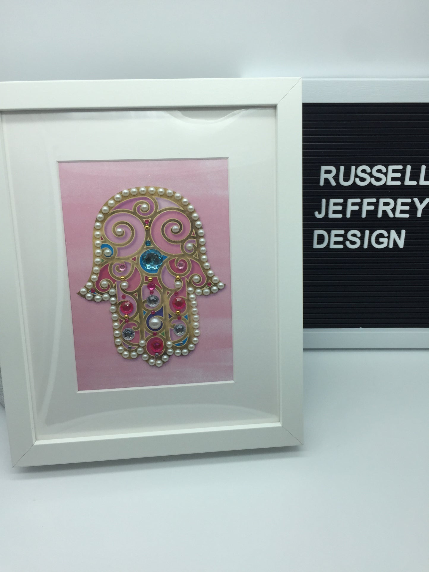 Hamsa Hand Artwork small in Pink Design - Framed