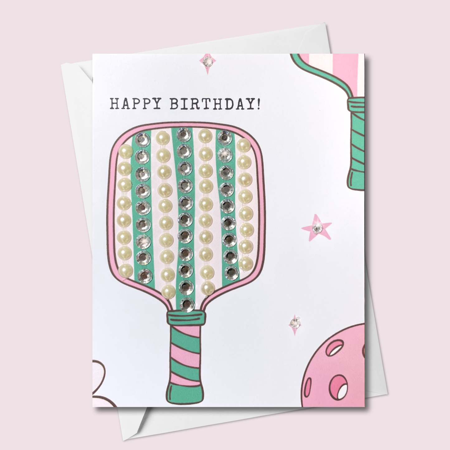 Happy Birthday Pickleball Paddle Greeting Card – Pink & Teal with Pearls & Crystal Gems | Blank Inside | Handmade in Canada