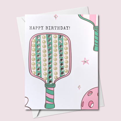 Happy Birthday Pickleball Paddle Greeting Card – Pink & Teal with Pearls & Crystal Gems | Blank Inside | Handmade in Canada