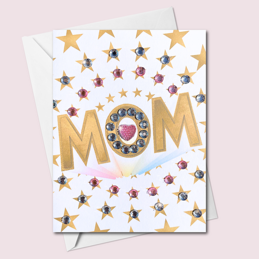 Jeweled Mother’s Day Greeting Card – “MOM” Gold Star Design | Blank Inside | Handmade