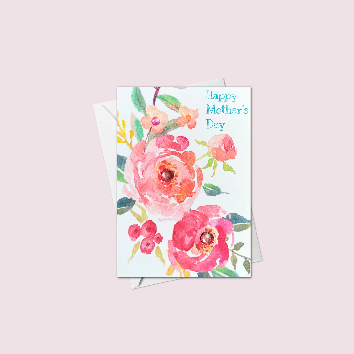 Mini handmade Mother's Day card featuring a watercolor rose bouquet in pink and red with jewel accents and Happy Mother's Day text in blue, made in Canada.