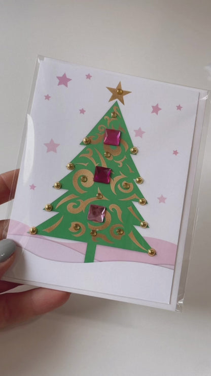 Green Christmas Tree Greeting Card with Gem Embellishments