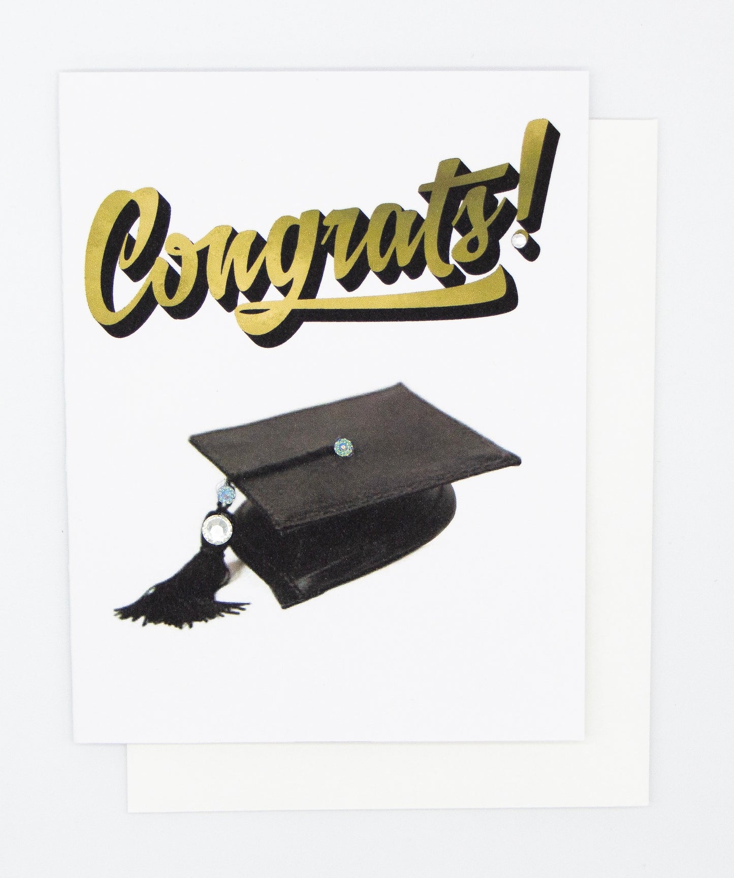 Congrats! Graduation Greeting Card – Black Cap & Gold Lettering – Blank Inside