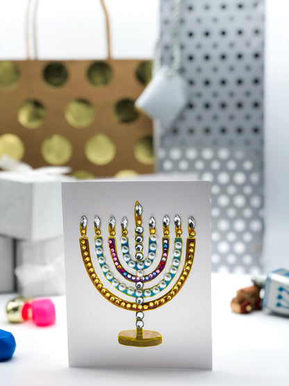 Colourful Menorah with Dreidels Greeting Card