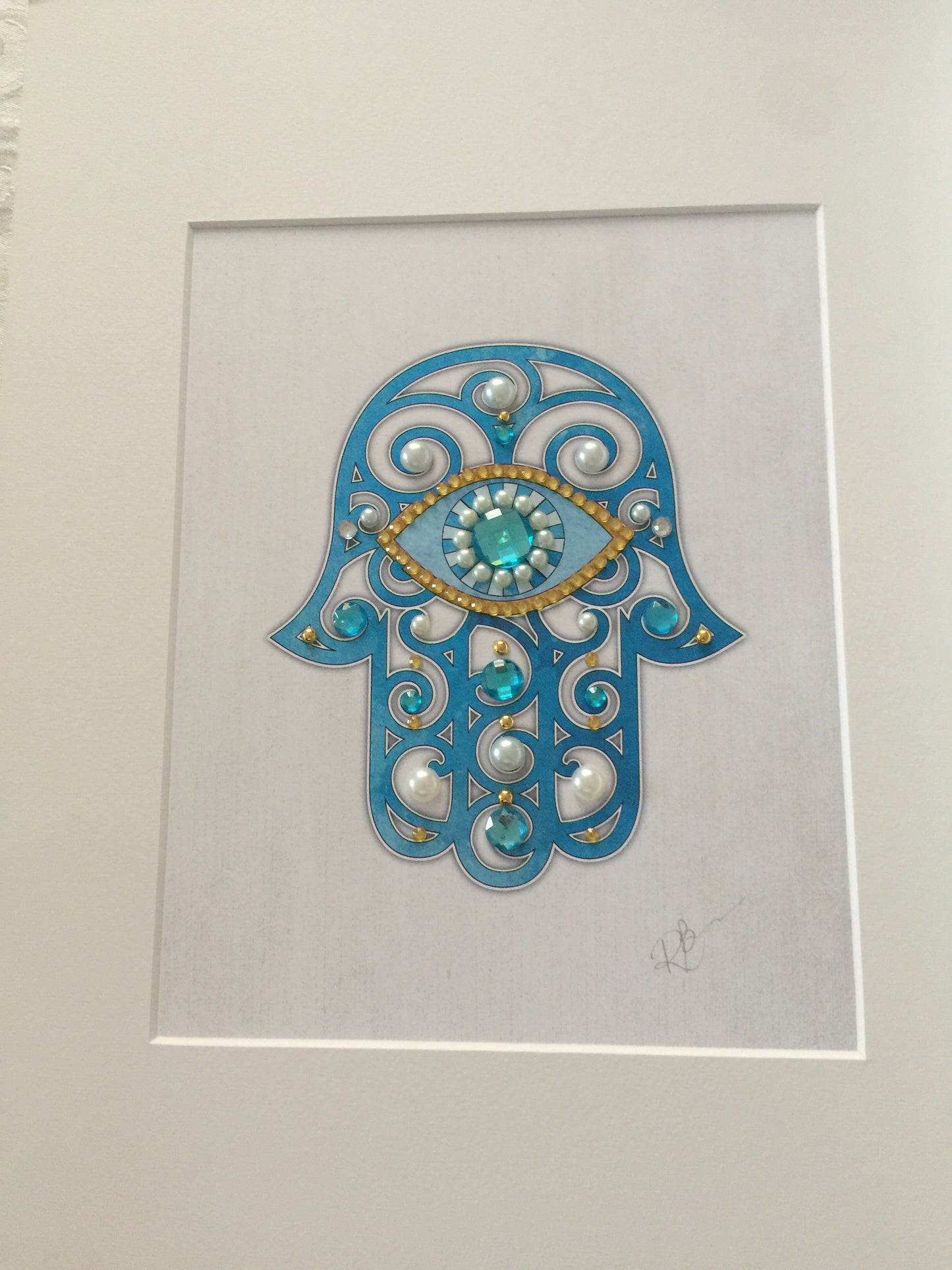 Hamsa Hand Artwork Blue with Gold Eye - Framed