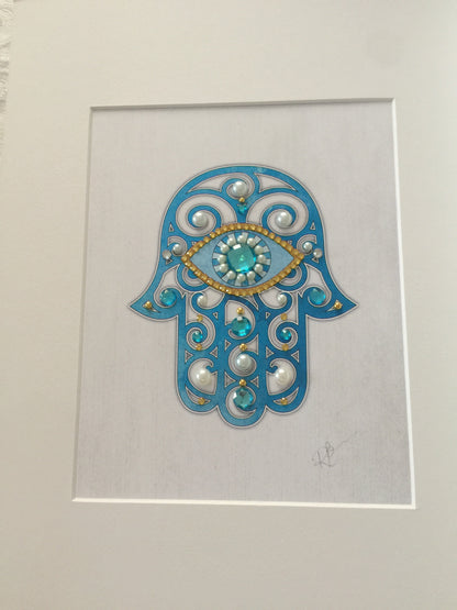 Hamsa Hand Artwork Blue with Gold Eye - Framed