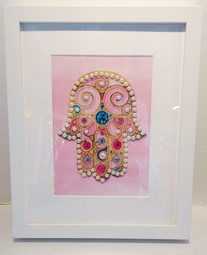 Hamsa Hand Artwork small in Pink Design - Framed