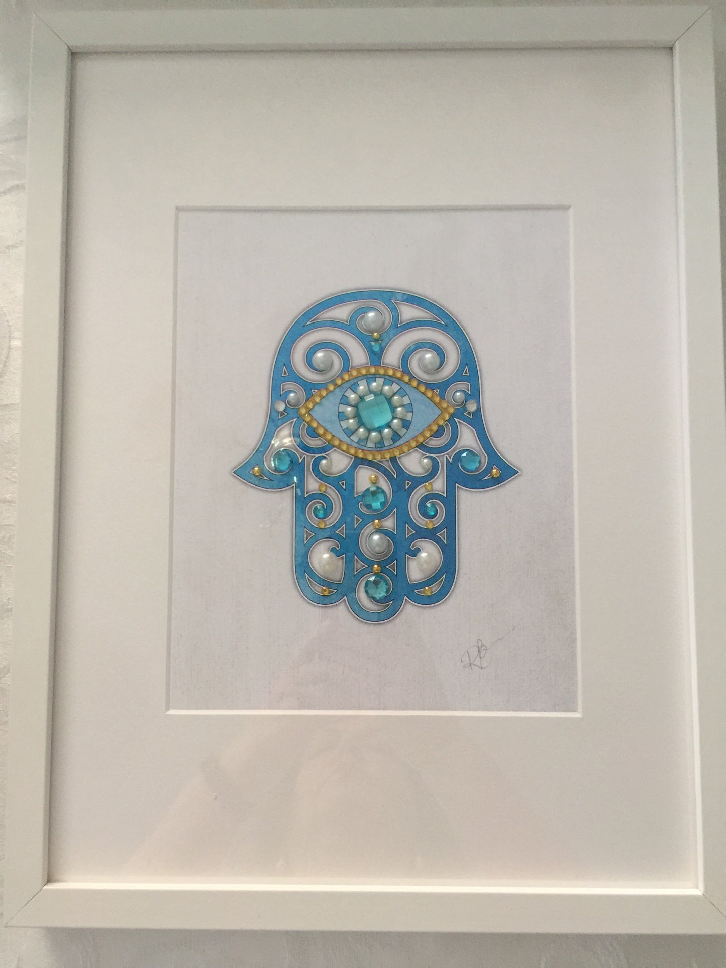 Hamsa Hand Artwork Blue with Gold Eye - Framed