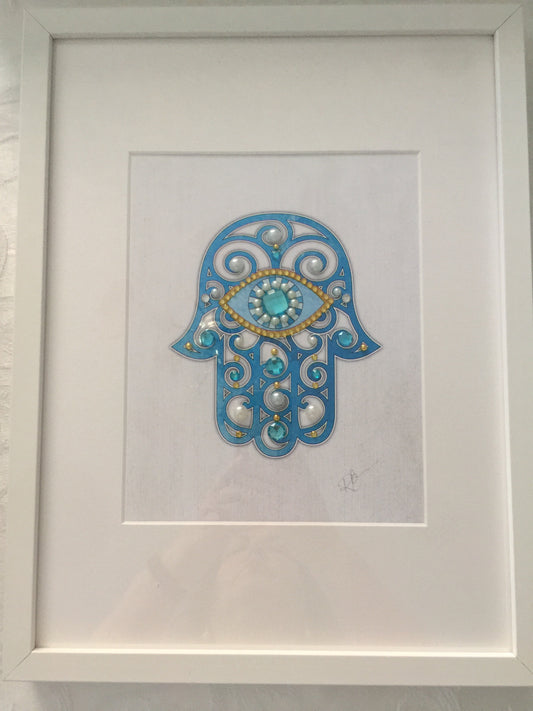 Hamsa Hand Artwork Blue with Gold Eye - Framed